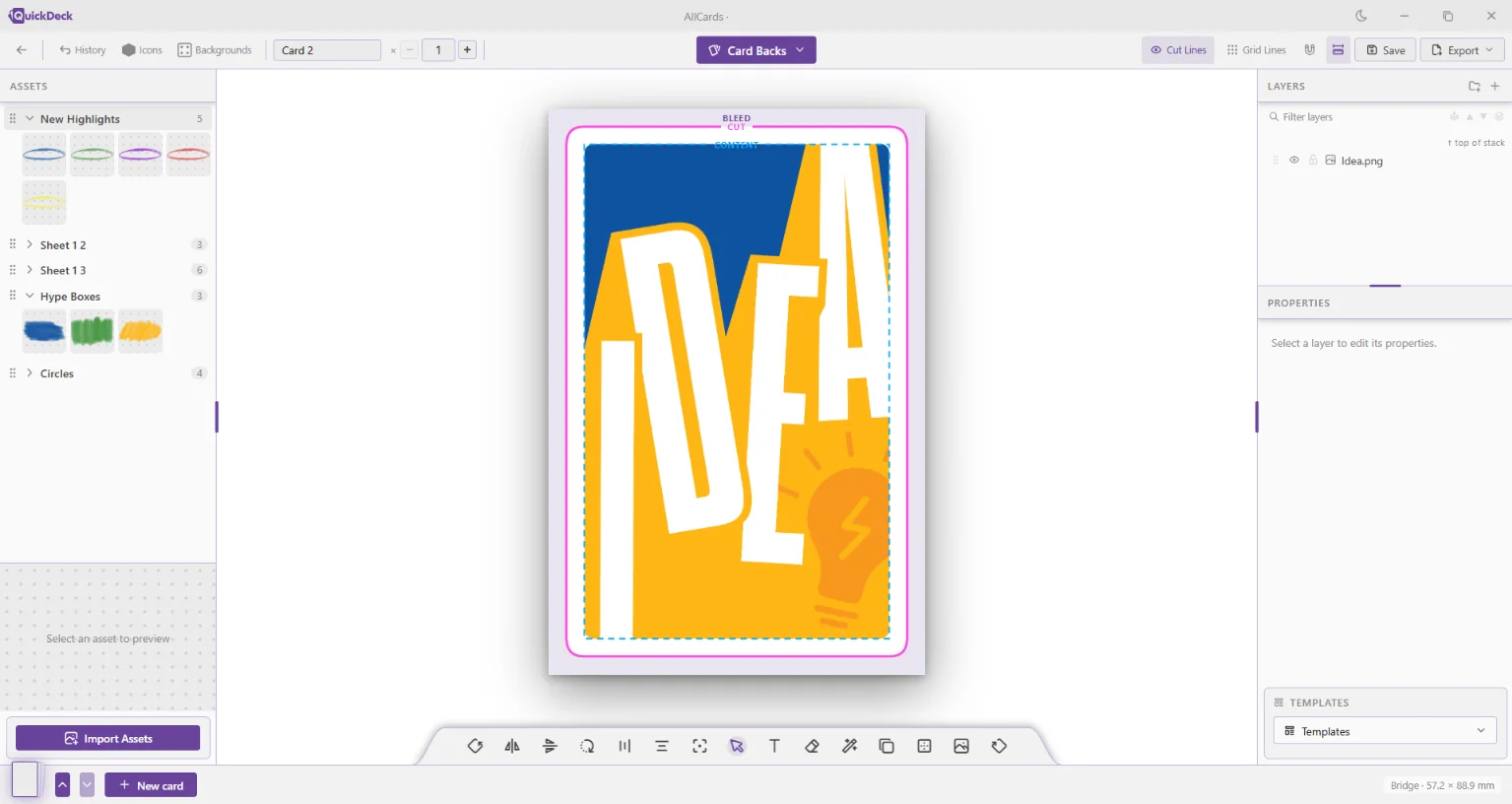 A card back design open in the editor, with bleed, cut and content guides