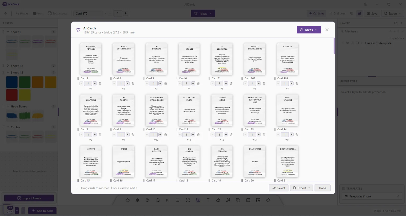 The Deck Browser showing a 189-card deck with quantities and reordering
