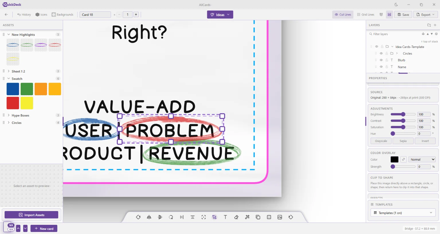 Editing a card built from a template, zoomed in with the layer properties open