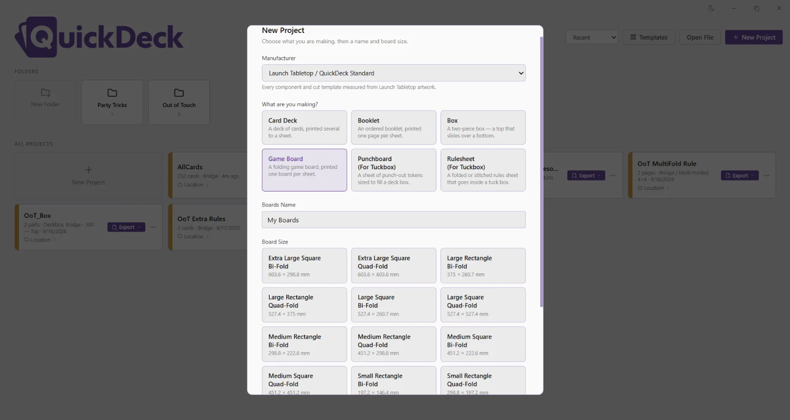 The New Project dialog: manufacturer, component type and board size