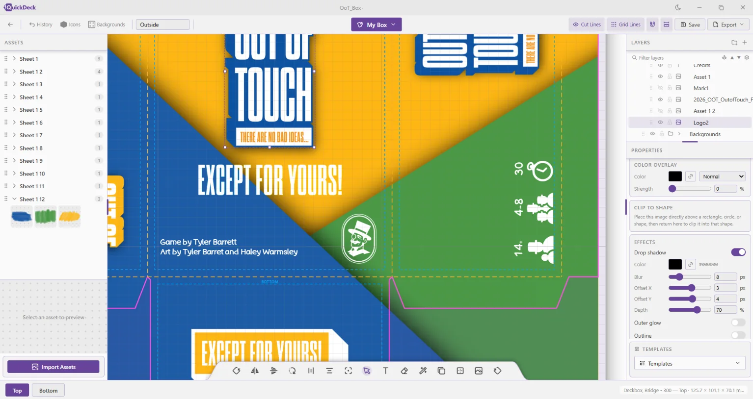 Tuck box artwork laid out across its die-cut net with grid lines on
