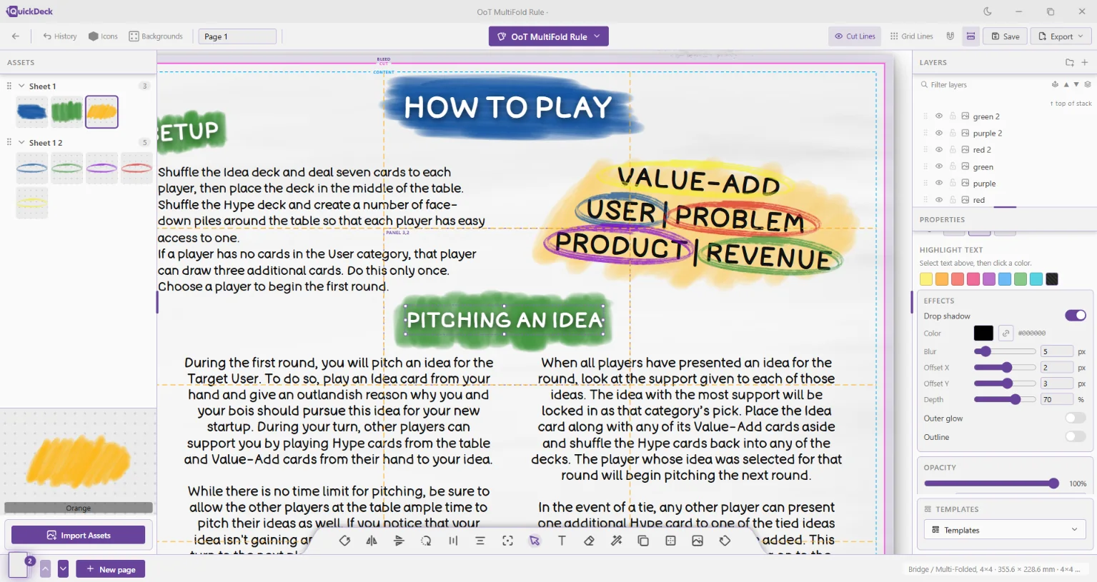 A multi-fold rulesheet with its fold panels marked